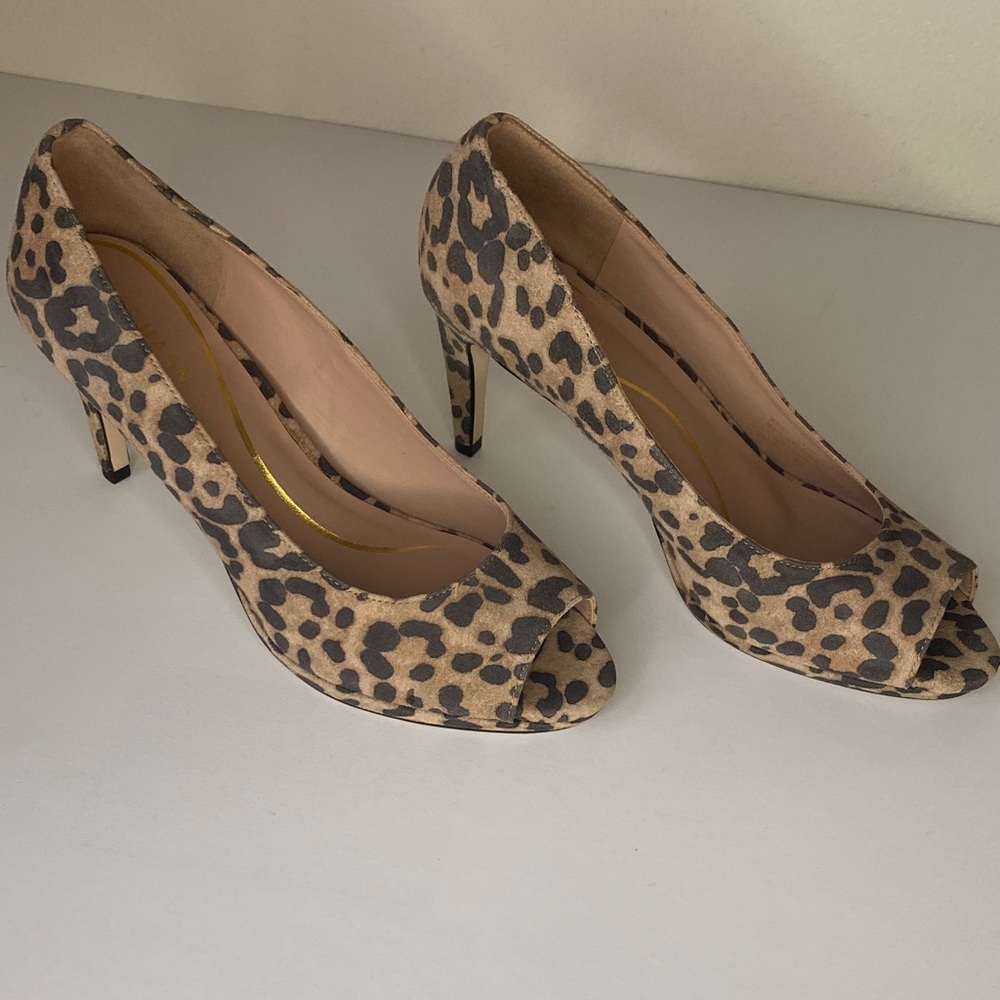 Cole Haan Dorado peep-toe leopard-print suede heels.